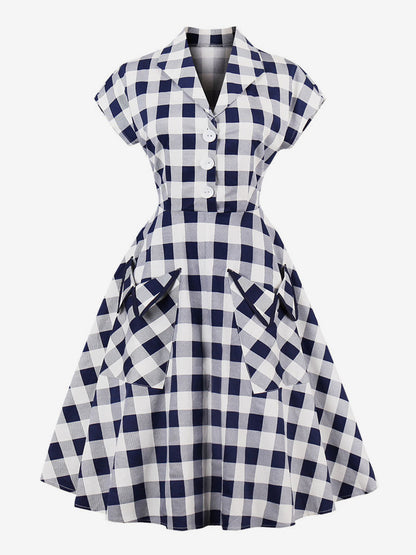 Gingham Vintage Dress Short Sleeve Hepburn Style A-line Midi Dress For Women 2026