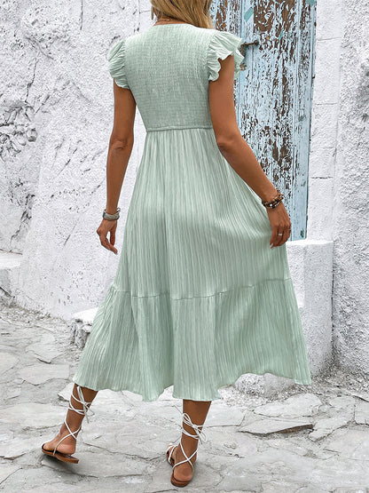 Sage Green Midi Sundress for Women - Flutter Sleeve Smocked Button Front Tiered A Line Dress - Summer Beach Vacation 2026