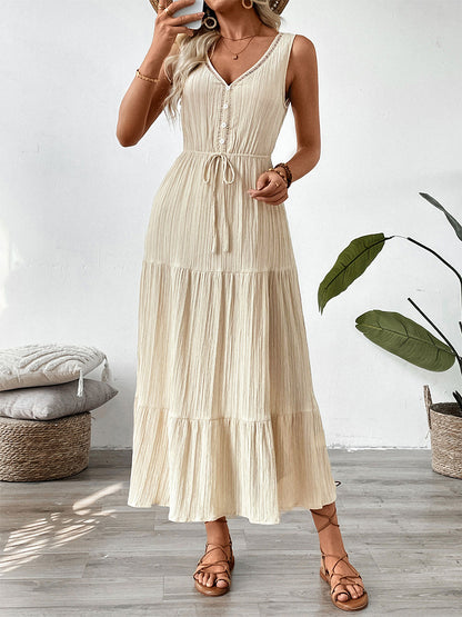 Boho Tiered Maxi Dress for Women - Apricot Textured V Neck Sleeveless Tie Waist A Line Long Dress - Summer Beach Resort 2026