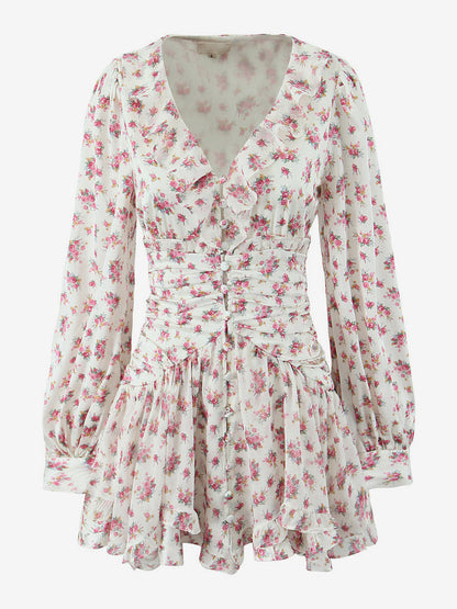 Pink Floral Print V-Neck Long Sleeve Mini Dress For Summer 2026