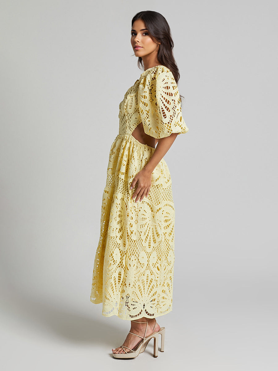 Eyelet Lace Long Tea Dress for Women - Deep V Neck Puff Sleeve A Line Prom Gown - Summer Wedding Guest 2026