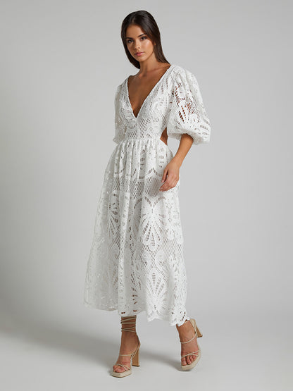 Eyelet Lace Long Tea Dress for Women - Deep V Neck Puff Sleeve A Line Prom Gown - Summer Wedding Guest 2026