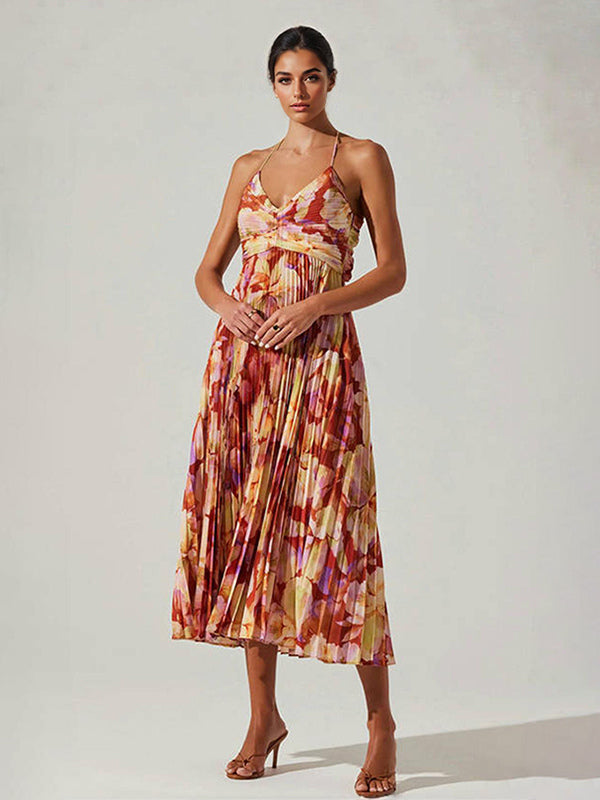 Pleated Floral Midi Sundress for Women - Boho V Neck Spaghetti Strap Fit and Flare A-line Dress - Summer Beach Resort 2026