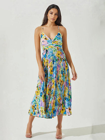 Pleated Floral Midi Sundress for Women - Boho V Neck Spaghetti Strap Fit and Flare A-line Dress - Summer Beach Resort 2026
