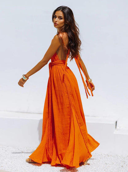 Boho Backless Maxi Dress for Women - Sexy Deep V Neck Halter Wrap Tie Waist Flowy Gown - Summer Beach Resort 2026