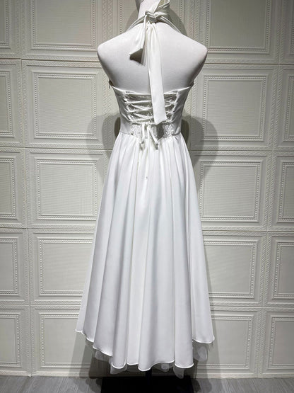 Soft Pink Halterneck A-line Midi Party Dress For Women 2026