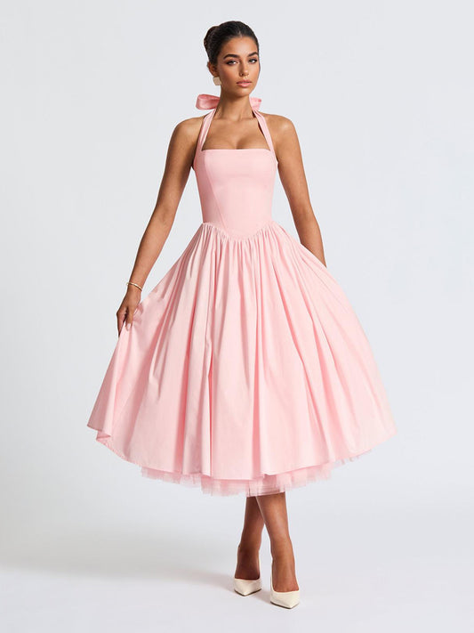 Soft Pink Halterneck A-line Midi Party Dress For Women 2026