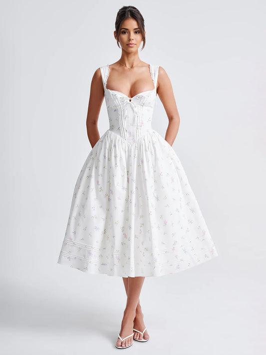 Floral Print Sweetheart Neckline A-line Midi Dress For Summer 2026