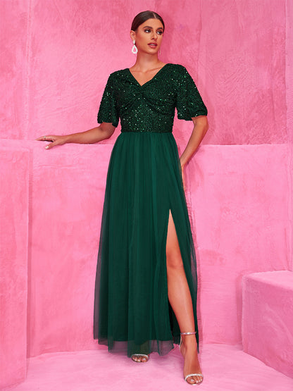 Sequined Dark Green Maxi Party Dress With High Slit For Evening Events 2026