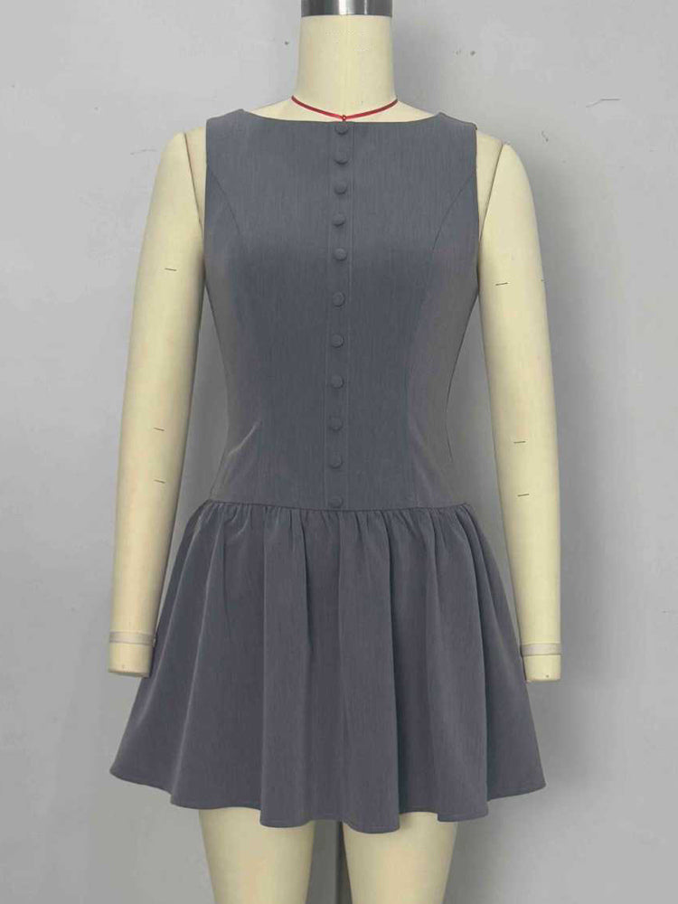 Sleeveless Pleated Mini Dress With Button-Front In Grey For Summer 2026