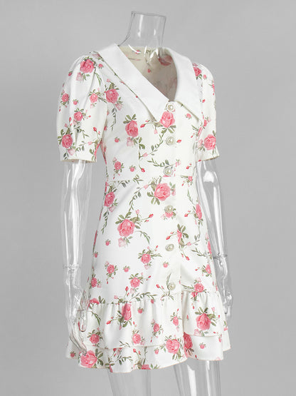 Floral Print Puff Sleeves Mini Dress With Peter Pan Collar And Back Lace-up For Summer 2026