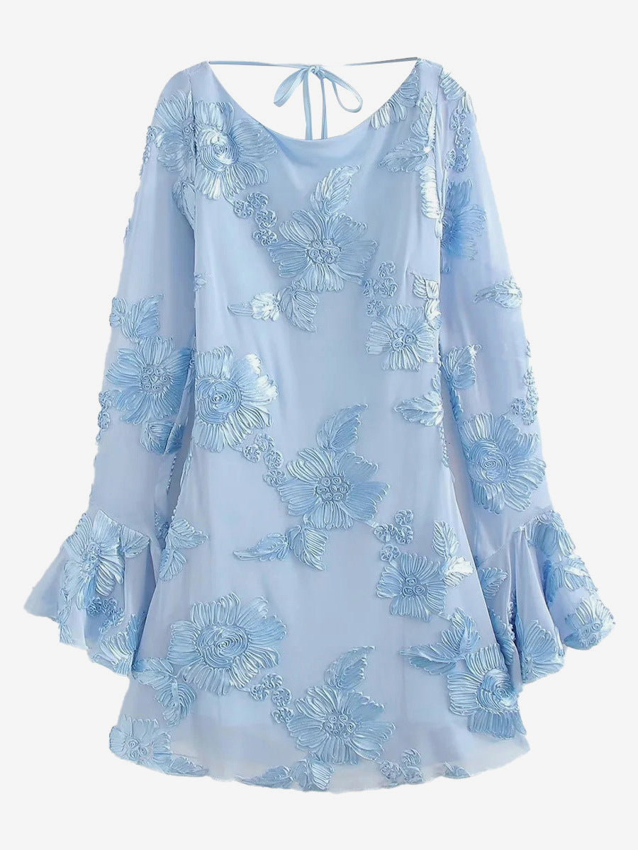 Light Blue Flower Embroidered Dress With Bell Sleeves And Open Back For Fall 2026
