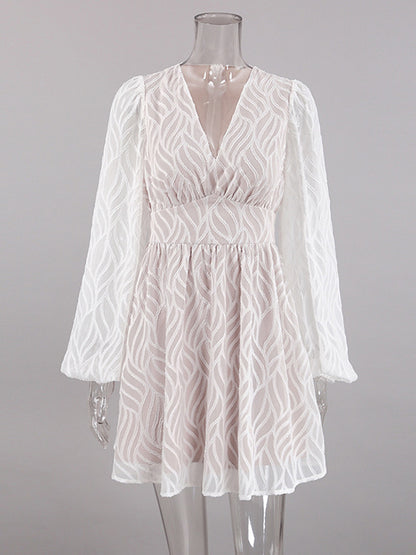 Jacquard Mini Dress With V-Neck And Long Sleeves For Summer 2026