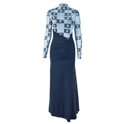 High neck long sleeve ruched print maxi dress  | Festival Outfits Women