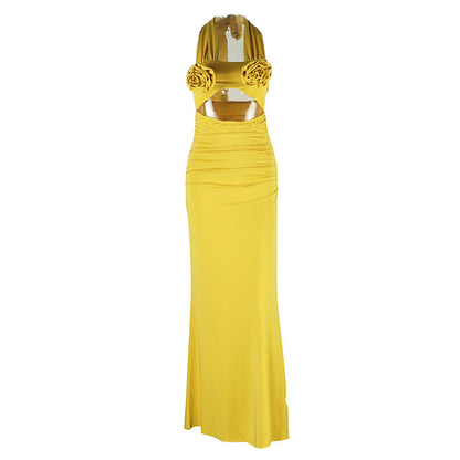 Halter flower applique hollow out cut out maxi dress  | Festival Outfits Women