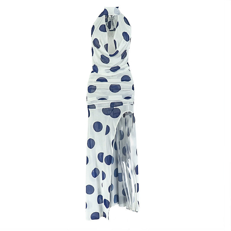 Halter high slit polka dot ruched mesh maxi dress  | Festival Outfits Women