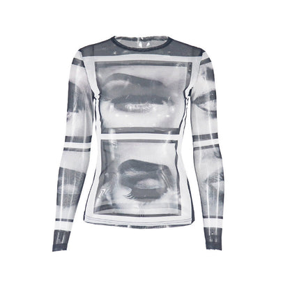 Long sleeve abstract crewneck mesh top  | Festival Outfits Women