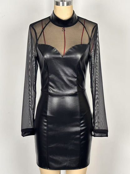 Black Mesh Patchwork Faux Leather Bodycon Mini Dress For Women 2026