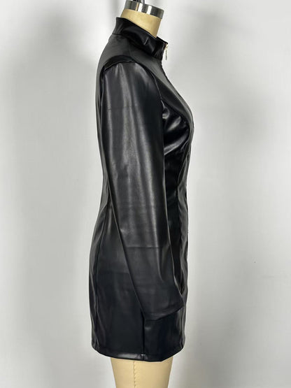 Sexy High Neck Long Sleeve Zipper Front Faux Leather Mini Dress For Women 2026