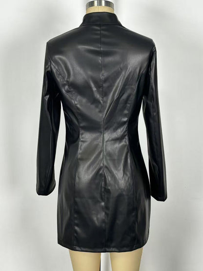 Sexy High Neck Long Sleeve Zipper Front Faux Leather Mini Dress For Women 2026