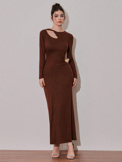 Cutout Side Ruched Maxi Party Dress With Gold Metal Accent For Women 2026
