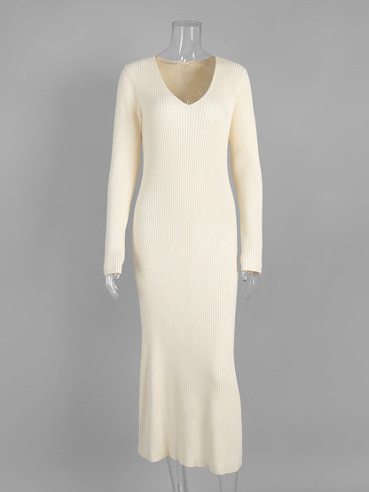 Ribbed Knit V-Neck Slim Fit Long Sleeve Bodycon Maxi Sweater Dress For Women 2026
