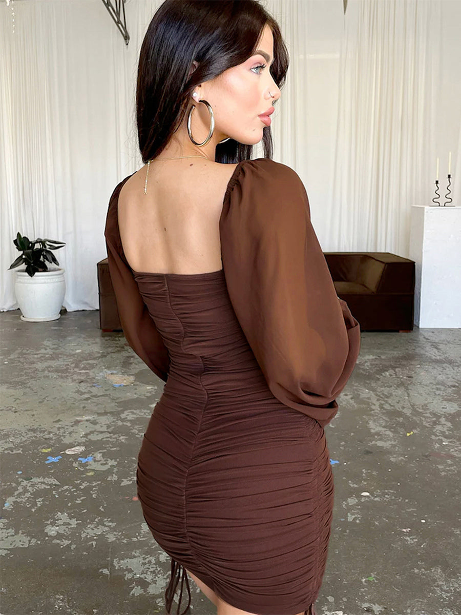 Sheer Lantern Sleeve Square Neck Ruched Bodycon Mini Dress For Women 2026