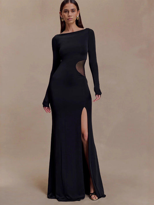 Side Mesh Cutout High Slit Long Sleeve Maxi Bodycon Evening Dress For Women 2026