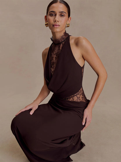 High Neck Lace Patchwork Cutout Sleeveless Maxi Bodycon Dress For Women 2026