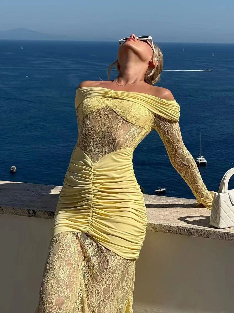 Off Shoulder Ruched Lace Splicing Long Sleeve Bodycon Maxi Dress For Women 2026