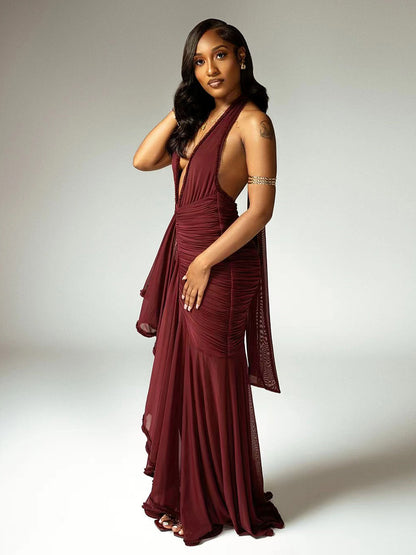 Deep V-Neck Halter Ruched Bodycon Maxi Party Dress For Women 2026