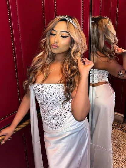 Rhinestone Lace Up Back Corset And Long Skirt Party 2-Piece Set For Women 2026