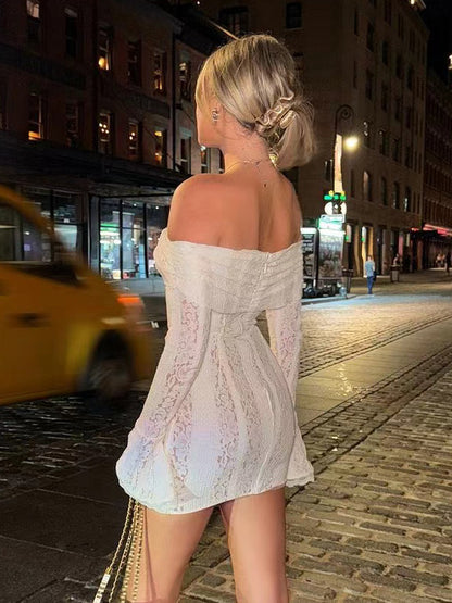 Lace Off Shoulder Long Sleeve Flare Cuff Bodycon Mini Dress For Women 2026
