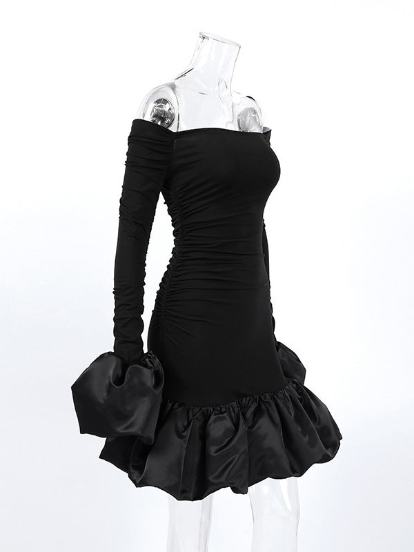 Off Shoulder Puff Hem Ruched Long Sleeve Bodycon Mini Dress For Women 2026