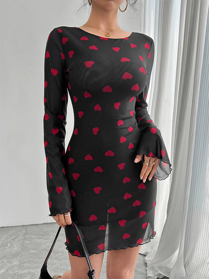 Backless Heart Print Long Sleeve Mini Dress For Women 2026