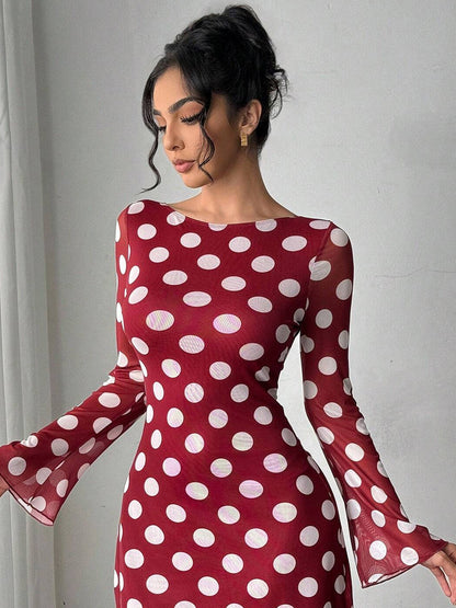 Polka Dot Long Sleeve Backless Slim Fit Mini Dress For Women 2026