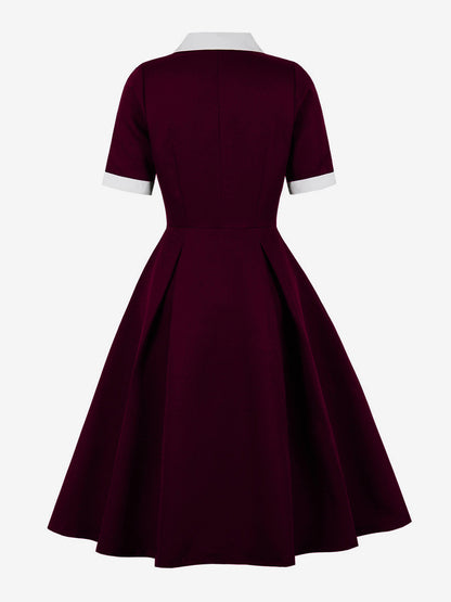 Retro Lapel Side Button Slim Fit Flare A Line Elegant Midi Dress For Women 2026