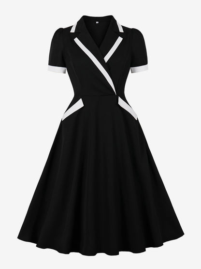 Contrast Trim Lapel Collar Double Pocket A Line Retro Tea Dress For Women 2026