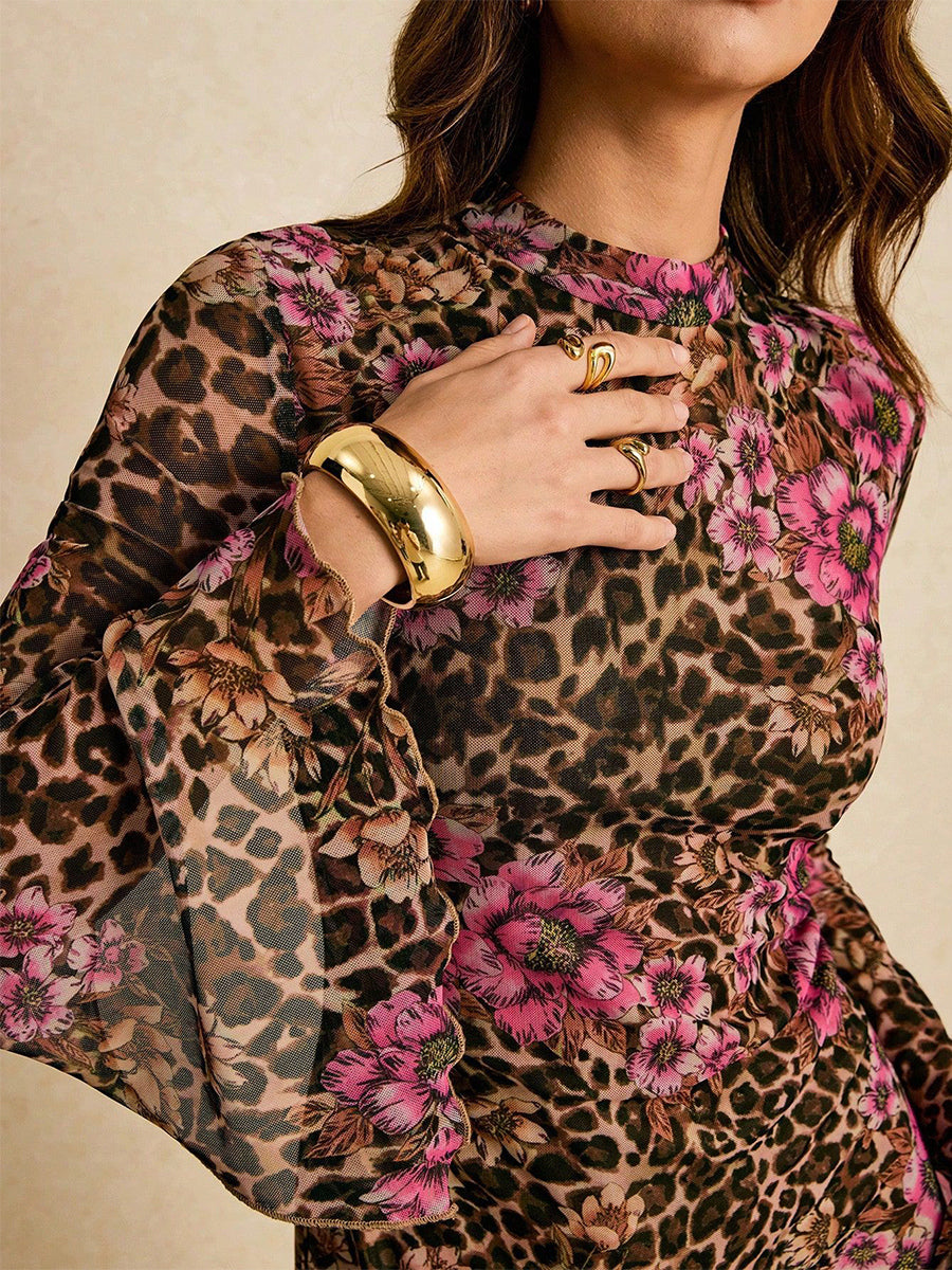 Leopard Floral Slit Flare Sleeve Mini Dress For Women 2026