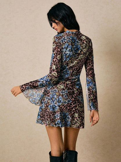 Leopard Floral Slit Flare Sleeve Mini Dress For Women 2026