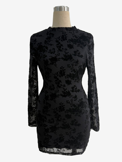 Flocked Floral Cutout Back Long Sleeve Bodycon Mini Dress For Women 2026