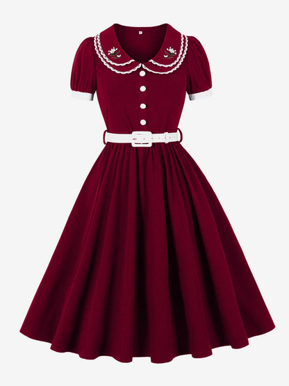 Double Layer Peter Pan Collar Embroidery Puff Sleeve Swing Dress For Women 2026