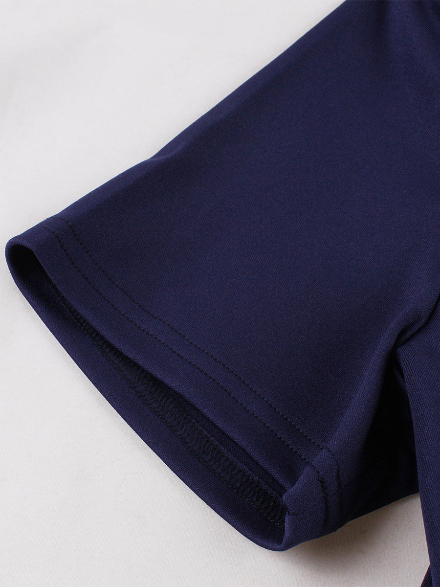 Contrast Piping Bow Neck Button Decor Pleated A Line Swing Dress For Women 2026