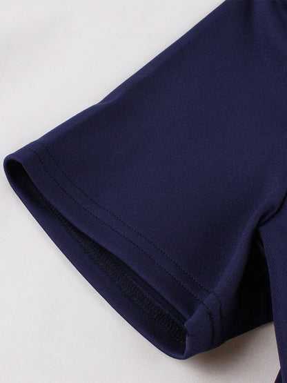 Contrast Piping Bow Neck Button Decor Pleated A Line Swing Dress For Women 2026