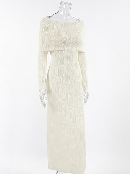 Pleated Off Shoulder Women's Maxi Dress - Elegant Cream Textured Bodycon Gown - Long Sleeve Party Wear 2026