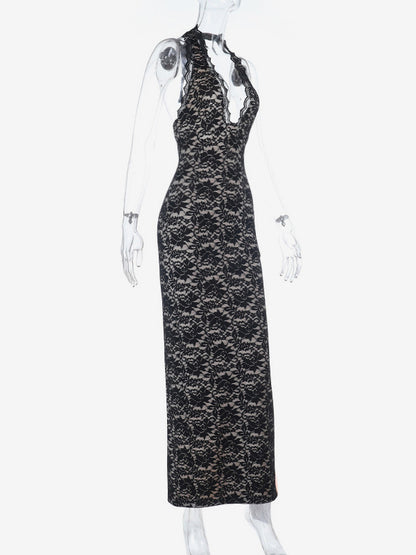 Black Lace Overlay Women's Maxi Dress - Halter Backless Nude Lining Gown - Sexy Bodycon Night Out Party Dress 2026