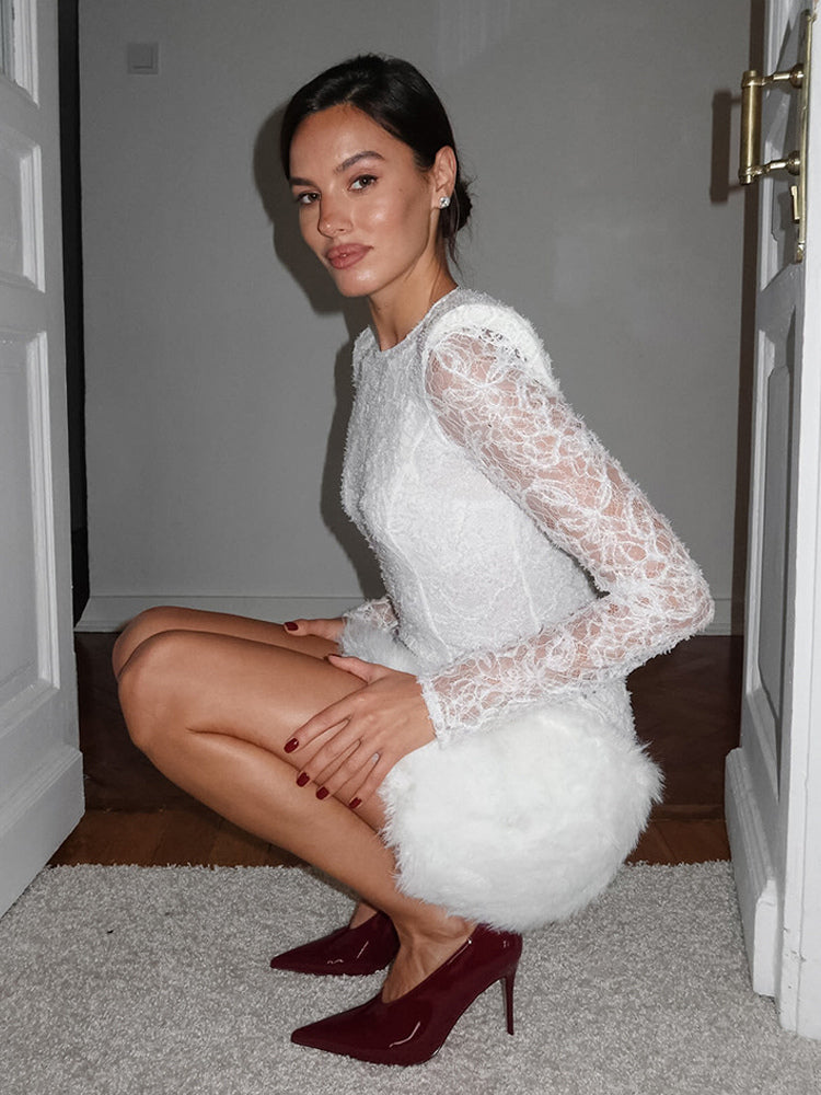 Black Lace Faux Fur Women Mini Dress - Sexy Long Sleeve Sheer Top - Goth Aesthetic Spring Night Out Cocktail Party 2026