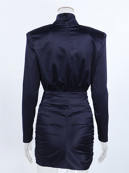 Padded Shoulder Women's Ruched Bodycon Dress - Classy Mock Neck Satin Mini Dress - Quiet Luxury Spring Cocktails Outfit 2026