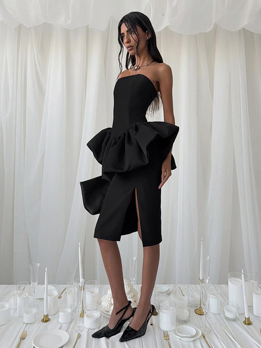 Elegant Women's 2 Piece Set - Vintage Peplum Tube Top & Side Slit Midi Skirt - Chic Summer Party Wear 2026