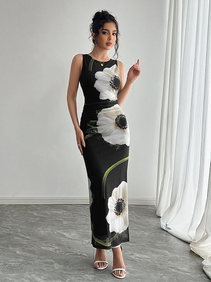 Floral Print Women Maxi Dress - Elegant Ruched Bodycon - 90s Vintage Aesthetic Summer Daily Wear 2026